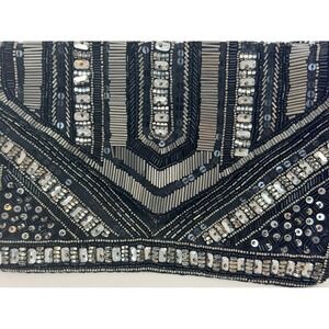 Beaded Art Deco Evening Clutch Bag Black Silver Sequin Crossbody Chain Strap